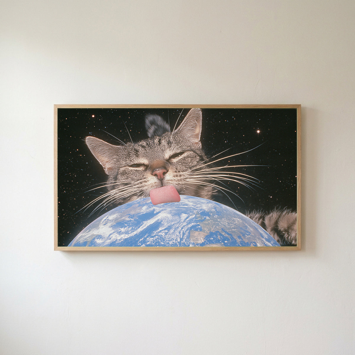 Space cat Frame TV art in an oak frame on a warm white wall