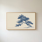 Blue ink tree Frame TV art in an oak frame on a warm white wall