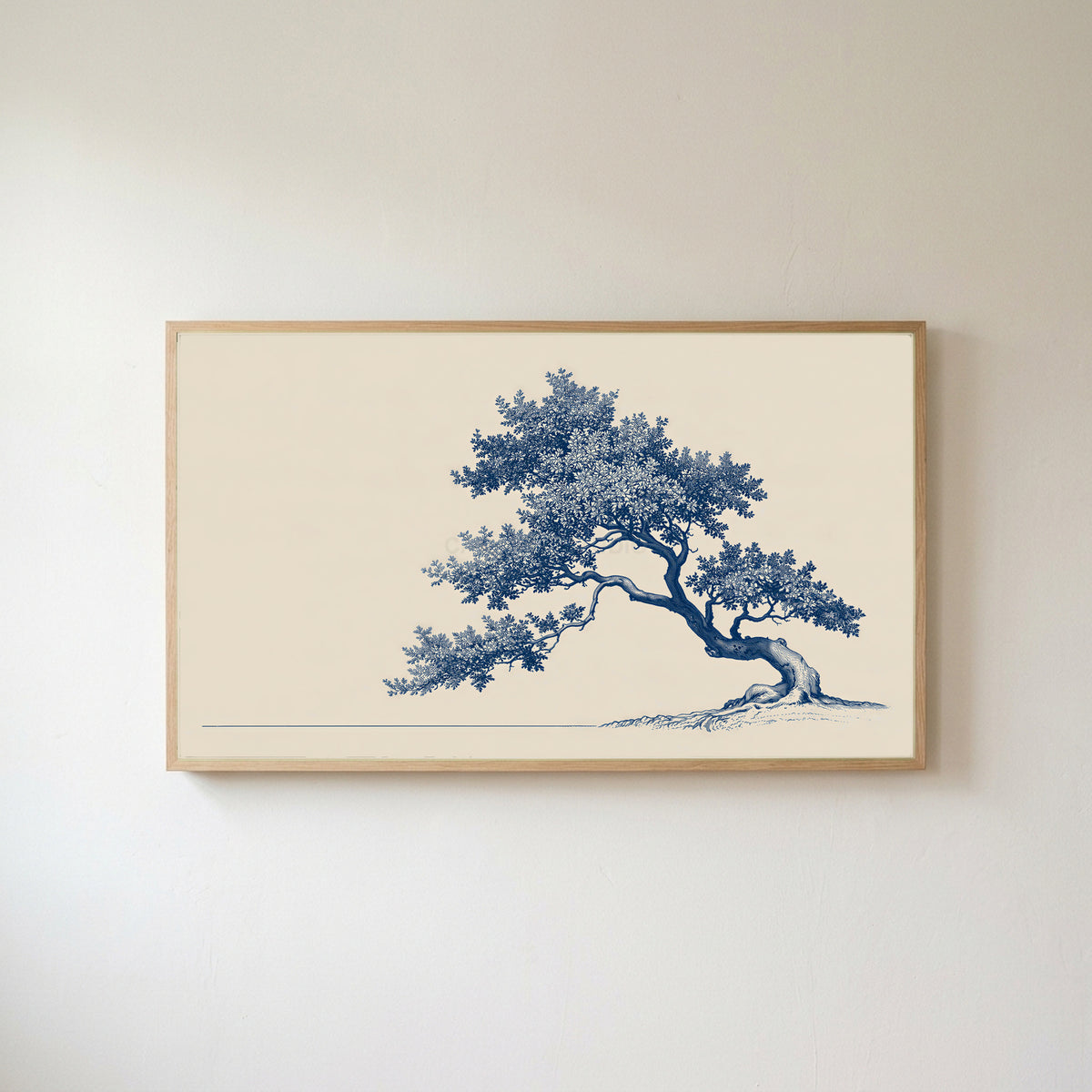 Blue ink tree Frame TV art in an oak frame on a warm white wall