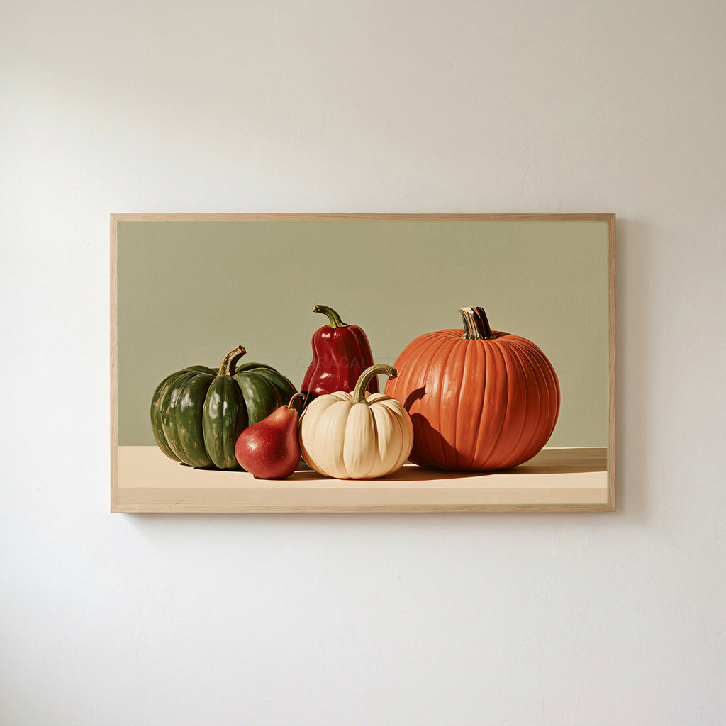 Pumpkin still life Frame TV art in an oak frame on a warm white wall