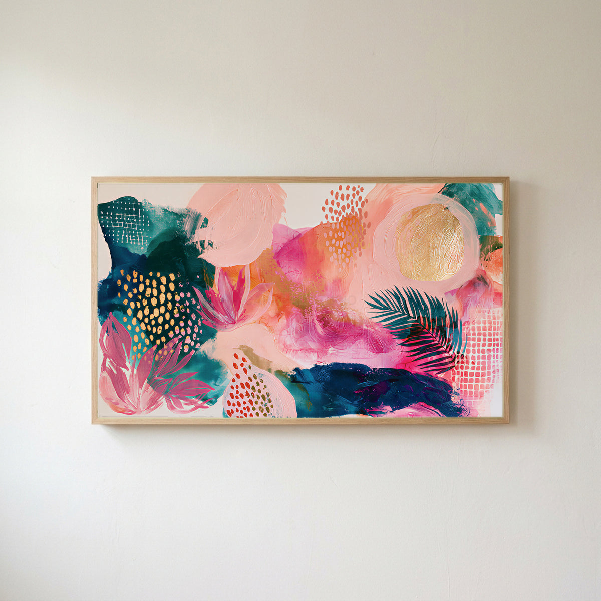 Tropical abstract Frame TV art in an oak frame on a warm white wall