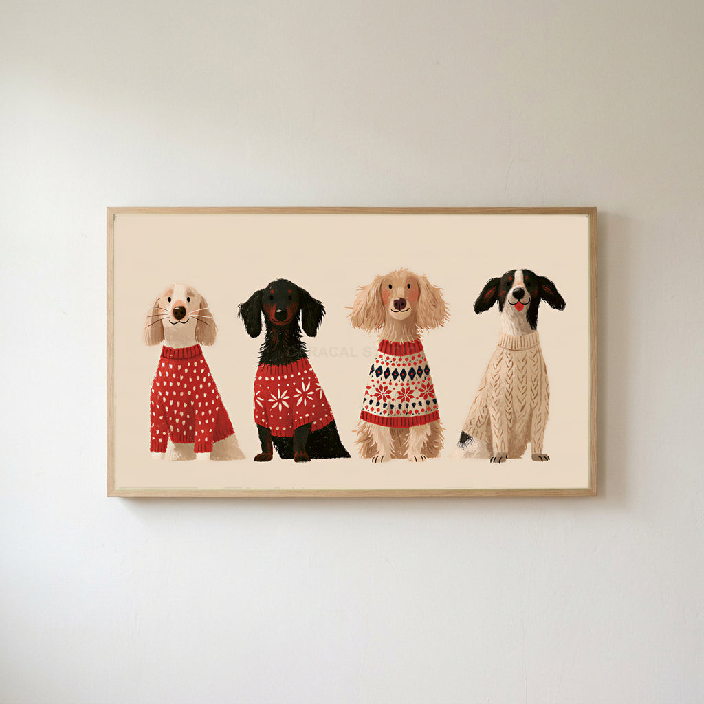 Dogs in holiday sweaters Frame TV art in an oak frame on a warm white wall
