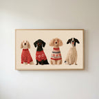 Dogs in holiday sweaters Frame TV art in an oak frame on a warm white wall