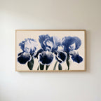 Blue iris Frame TV art in an oak frame on a warm white wall