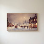 Snowy town with reindeer sleighs Frame TV art in an oak frame on a warm white wall