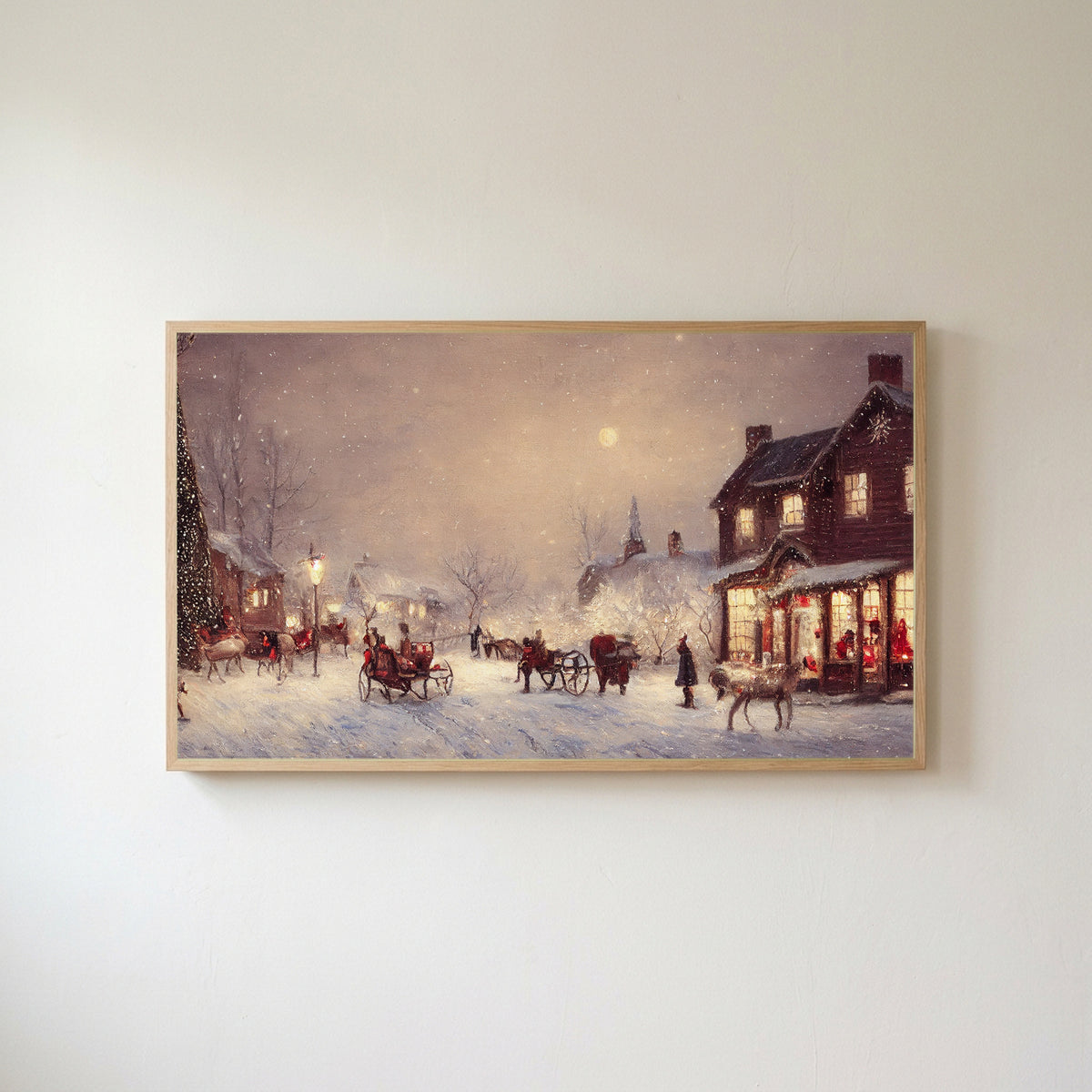 Snowy town with reindeer sleighs Frame TV art in an oak frame on a warm white wall