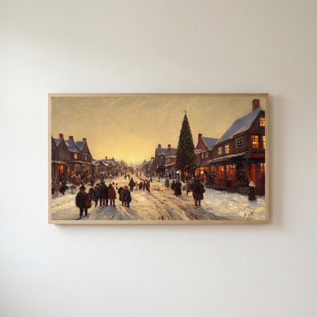 Village street with a big tree Frame TV art in an oak frame on a warm white wall