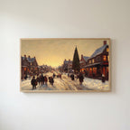 Village street with a big tree Frame TV art in an oak frame on a warm white wall