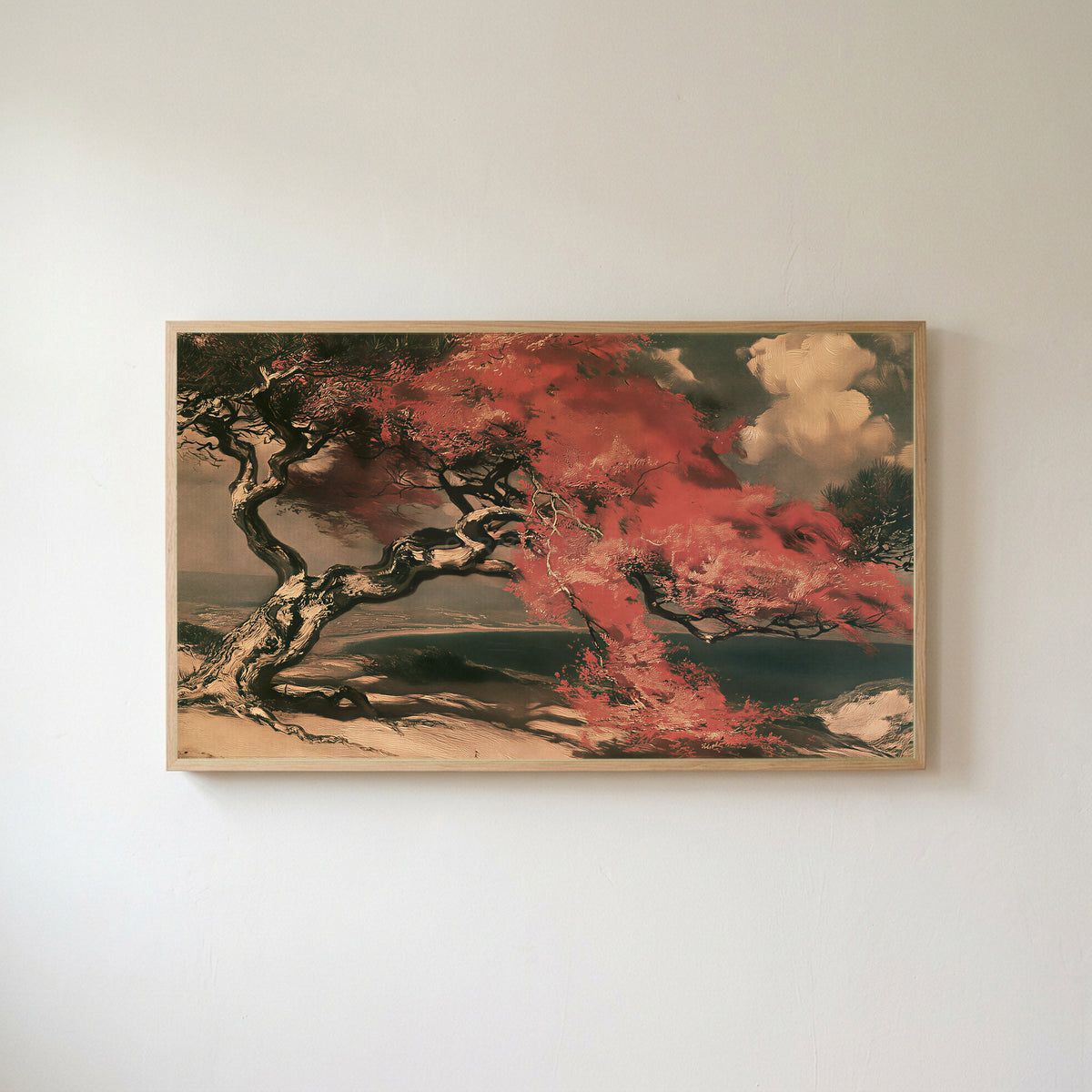 Japanese tree landscape Frame TV art in an oak frame on a warm white wall