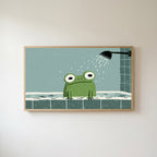 Frog in the shower Frame TV art in an oak frame on a warm white wall