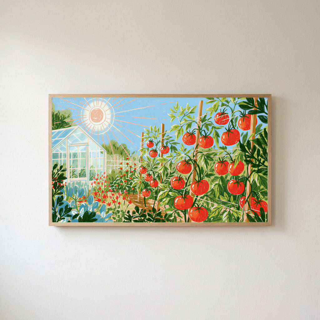 Tomato garden Frame TV art in an oak frame on a warm white wall