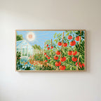 Tomato garden Frame TV art in an oak frame on a warm white wall