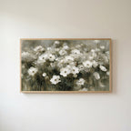 White anemone field Frame TV art in an oak frame on a warm white wall