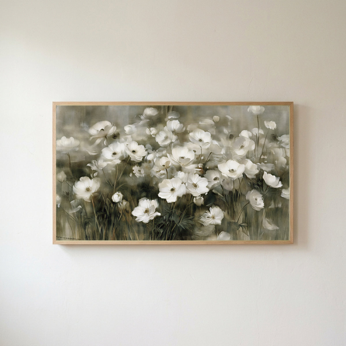 White anemone field Frame TV art in an oak frame on a warm white wall