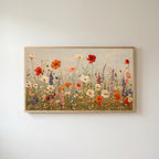 Wildflower meadow Frame TV art in an oak frame on a warm white wall