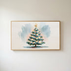 Watercolor Christmas tree Frame TV art in an oak frame on a warm white wall