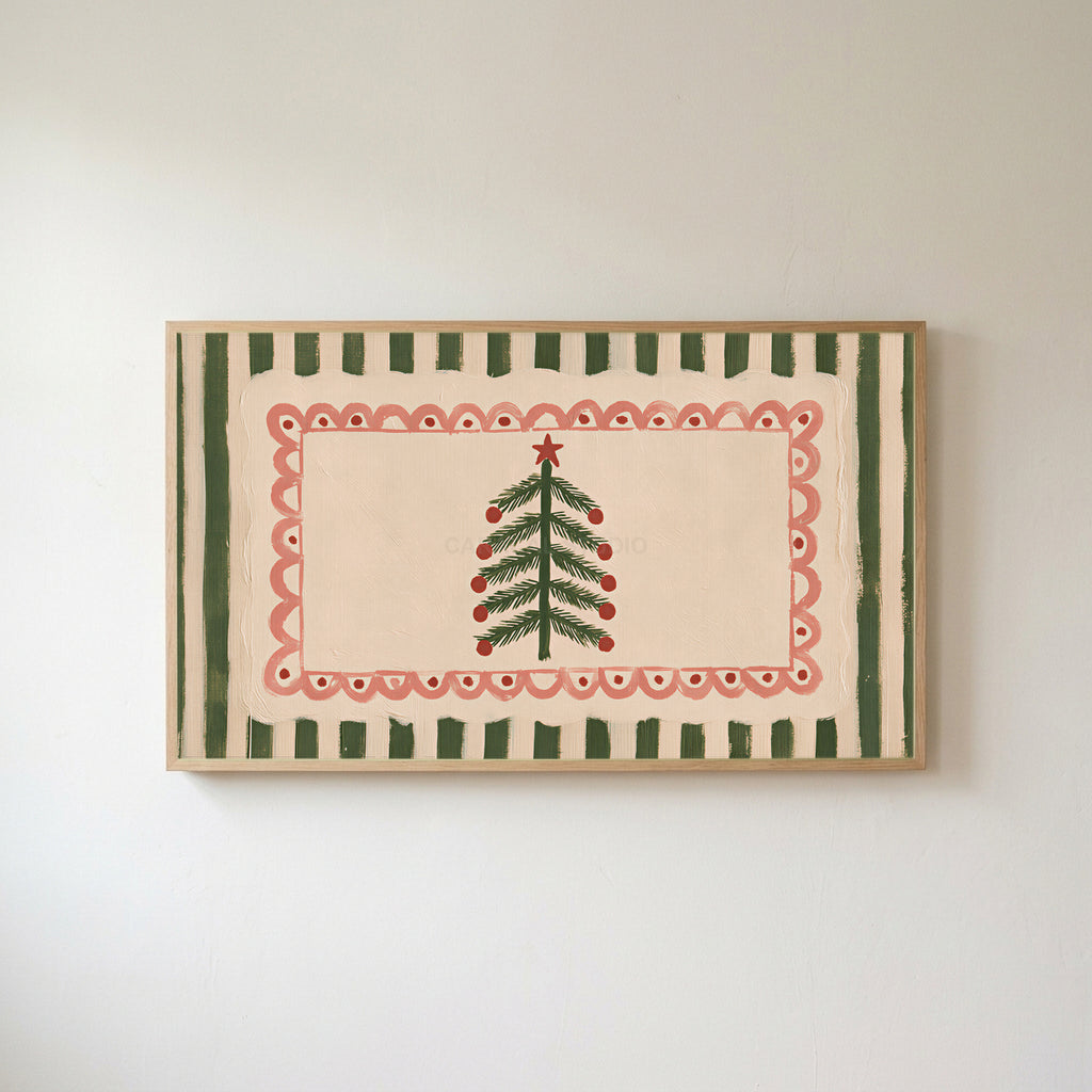 Folk Christmas tree Frame TV art in an oak frame on a warm white wall