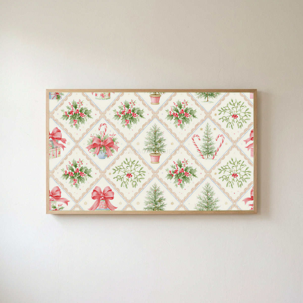 Christmas holly and candy cane pattern Frame TV art in an oak frame on a warm white wall