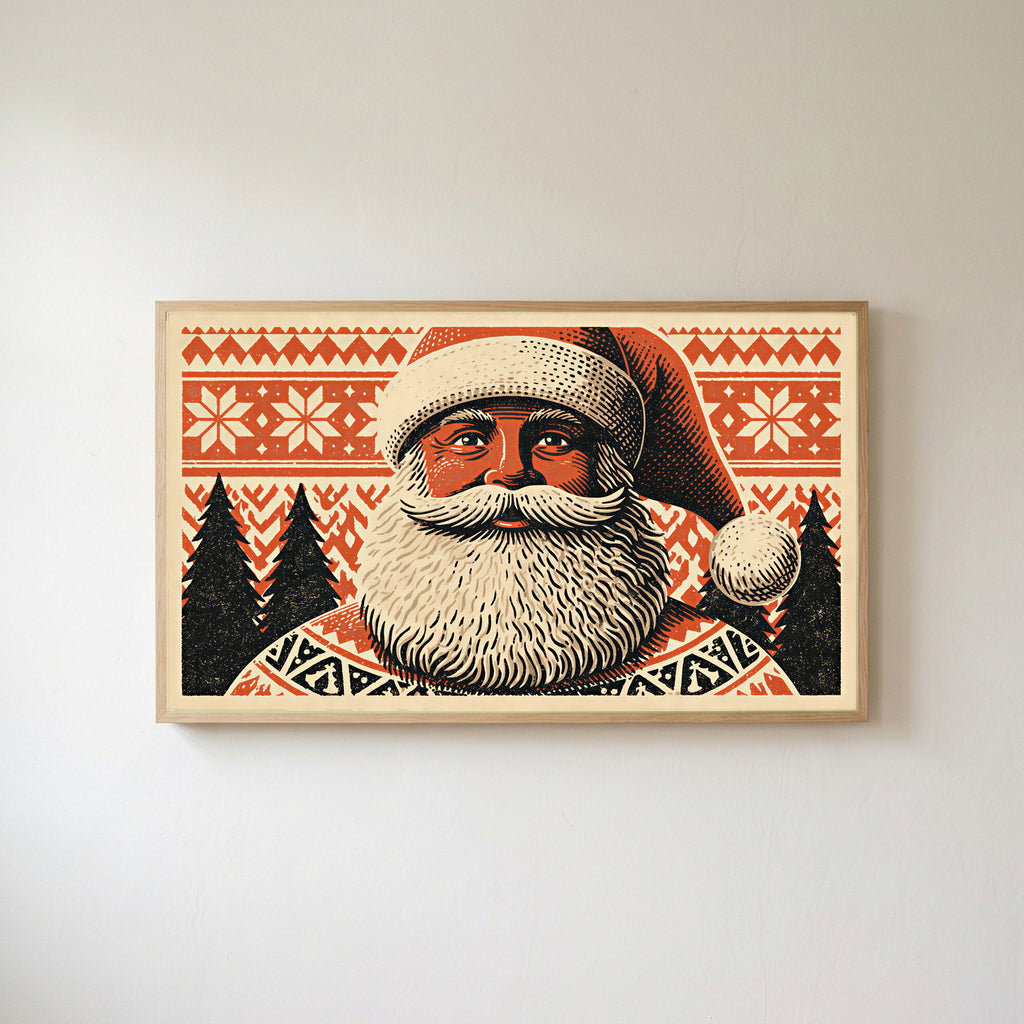 Santa portrait Frame TV art in an oak frame on a warm white wall