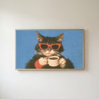 Coffee cat in sunglasses Frame TV art in an oak frame on a warm white wall