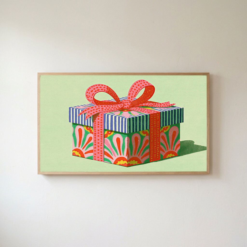 Gift box Frame TV art in an oak frame on a warm white wall