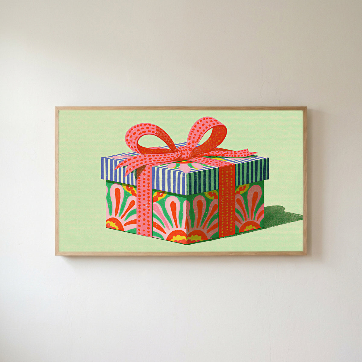 Gift box Frame TV art in an oak frame on a warm white wall