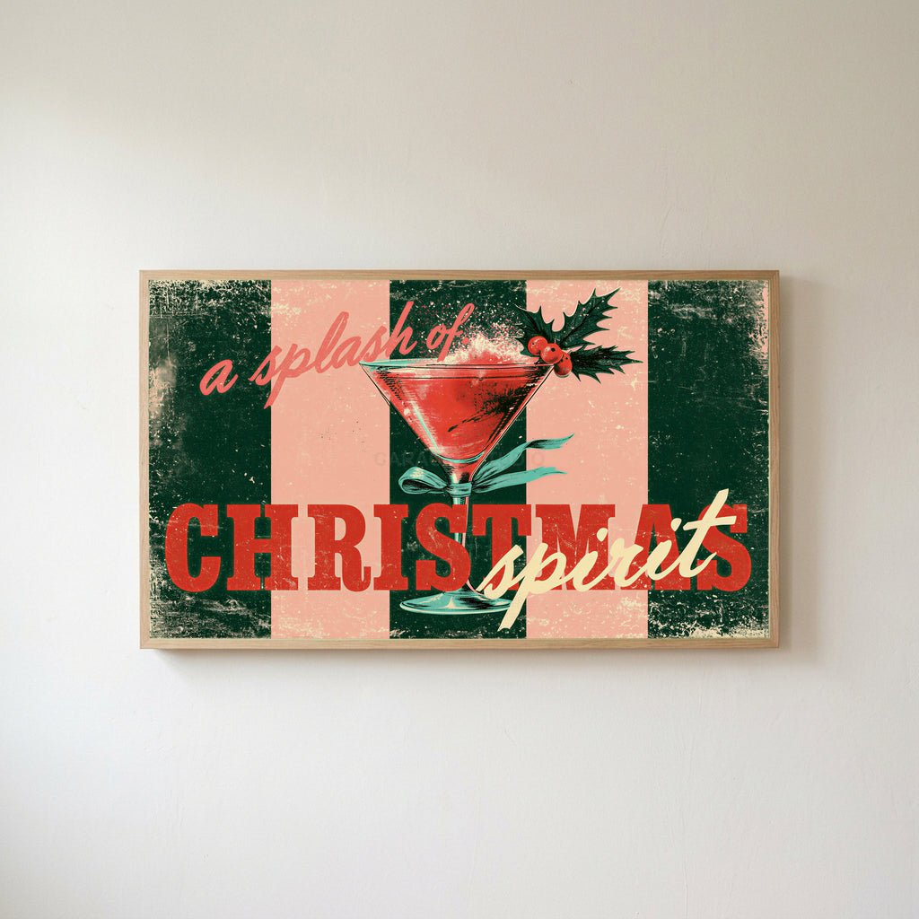 Christmas cocktail typography Frame TV art in an oak frame on a warm white wall
