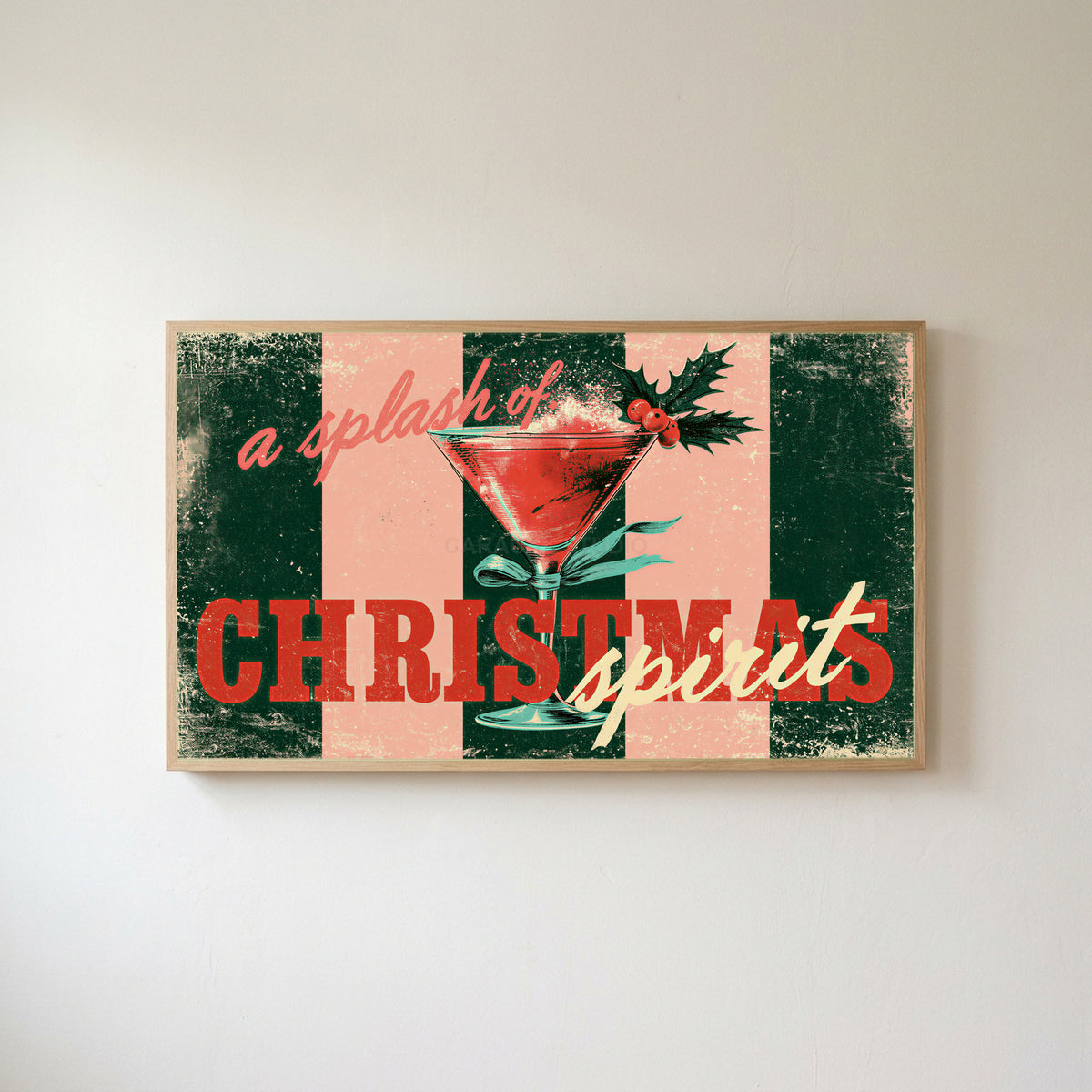 Christmas cocktail typography Frame TV art in an oak frame on a warm white wall