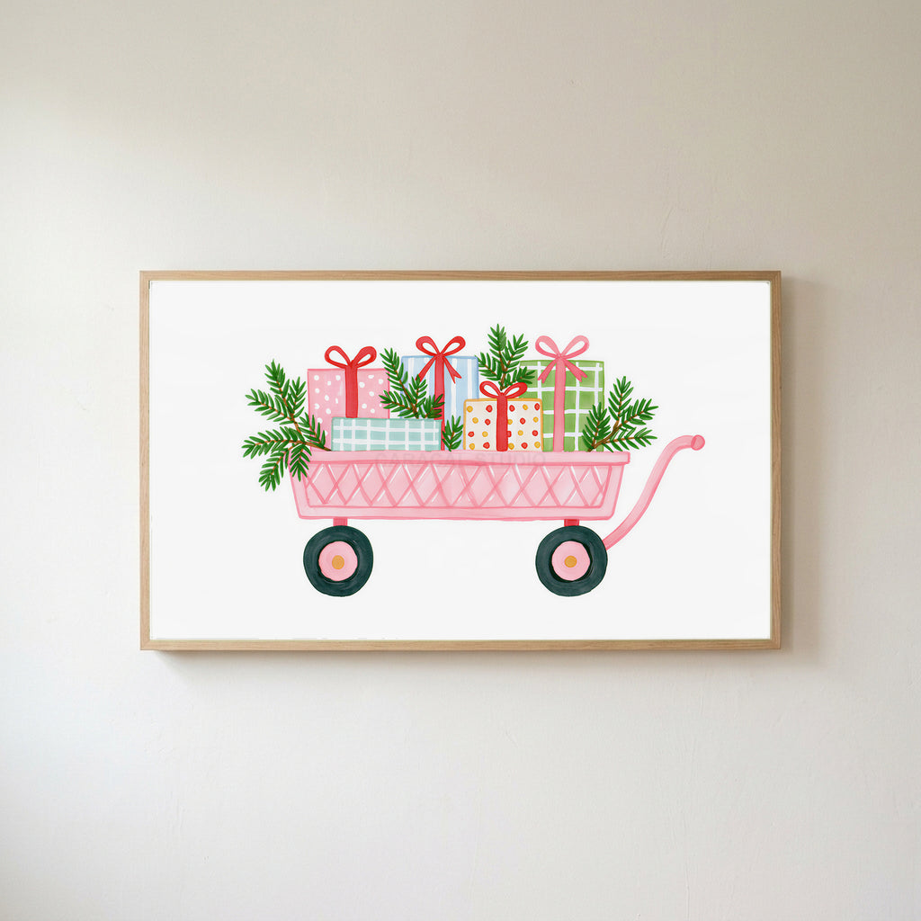 Pink wagon with gifts Frame TV art in an oak frame on a warm white wall