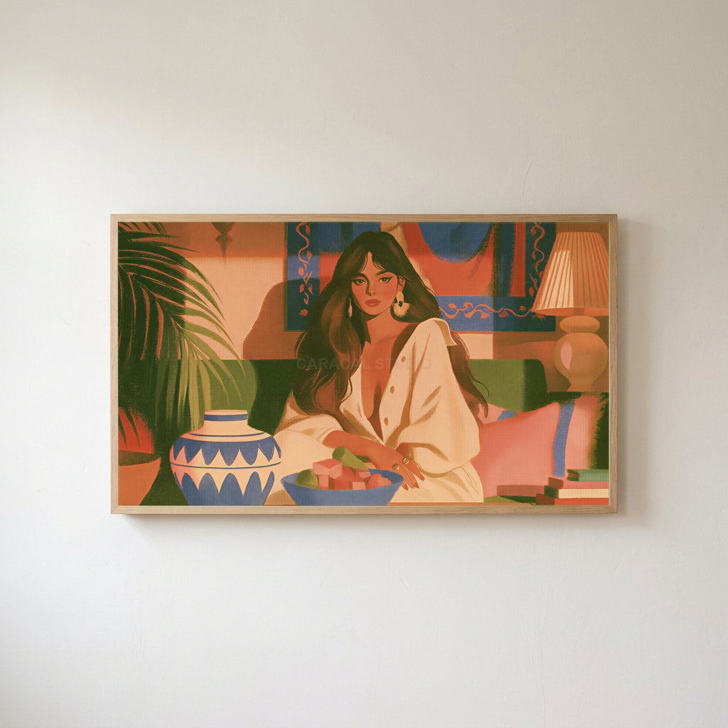 Boho woman portrait Frame TV art in an oak frame on a warm white wall