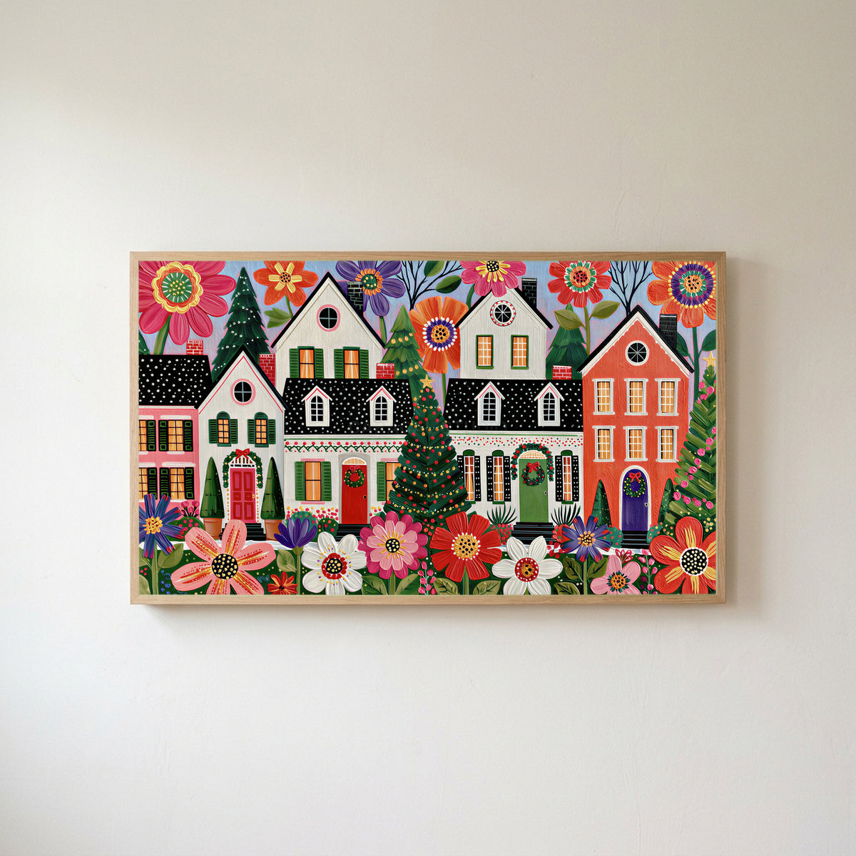 Folk art Christmas village Frame TV art in an oak frame on a warm white wall