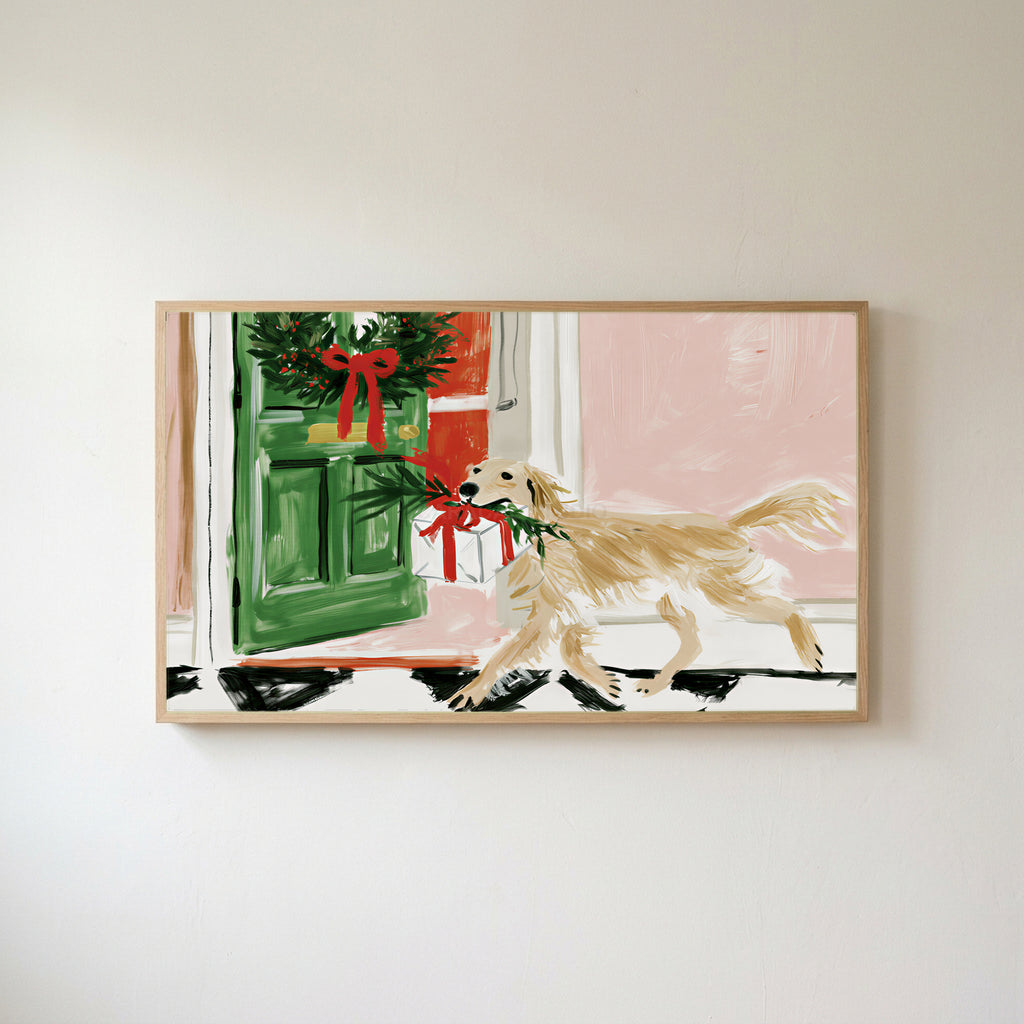 Labrador with a Christmas present Frame TV art in an oak frame on a warm white wall