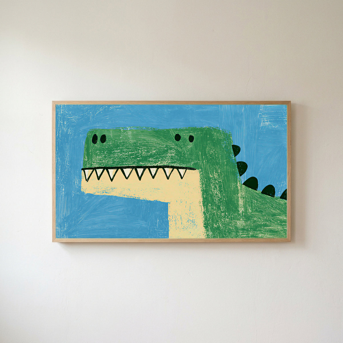 Green T rex dinosaur Frame TV art in an oak frame on a warm white wall