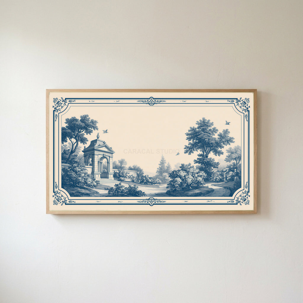 Blue toile garden Frame TV art in an oak frame on a warm white wall