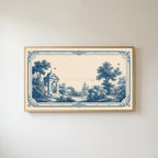 Blue toile garden Frame TV art in an oak frame on a warm white wall