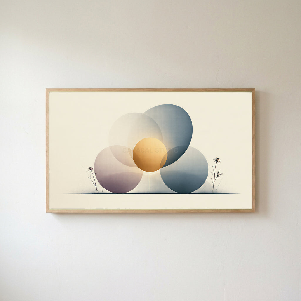 Abstract circles Frame TV art in an oak frame on a warm white wall