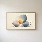 Abstract circles Frame TV art in an oak frame on a warm white wall