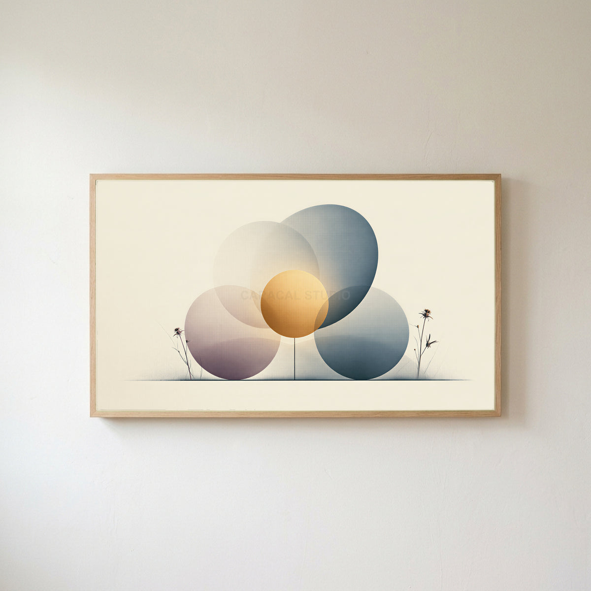 Abstract circles Frame TV art in an oak frame on a warm white wall
