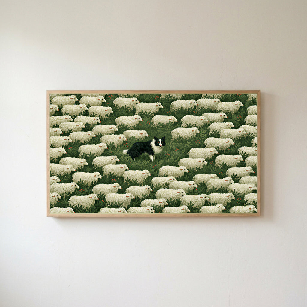 Border collie and sheep Frame TV art in an oak frame on a warm white wall