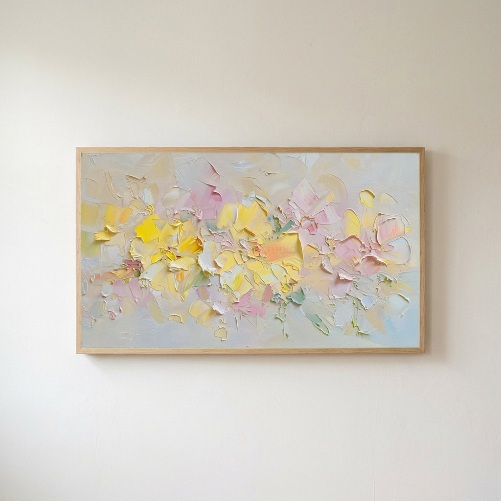 Pastel flower Frame TV art in an oak frame on a warm white wall