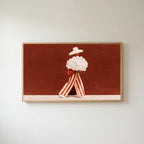 Figure with a daisy bouquet Frame TV art in an oak frame on a warm white wall