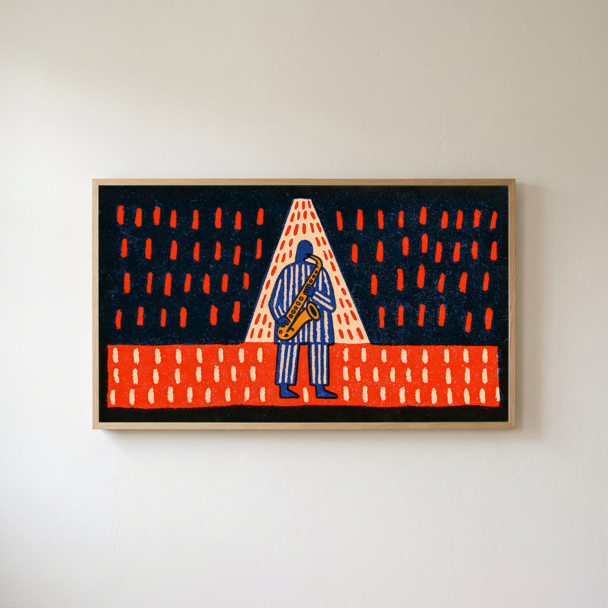 Jazz saxophone Frame TV art in an oak frame on a warm white wall