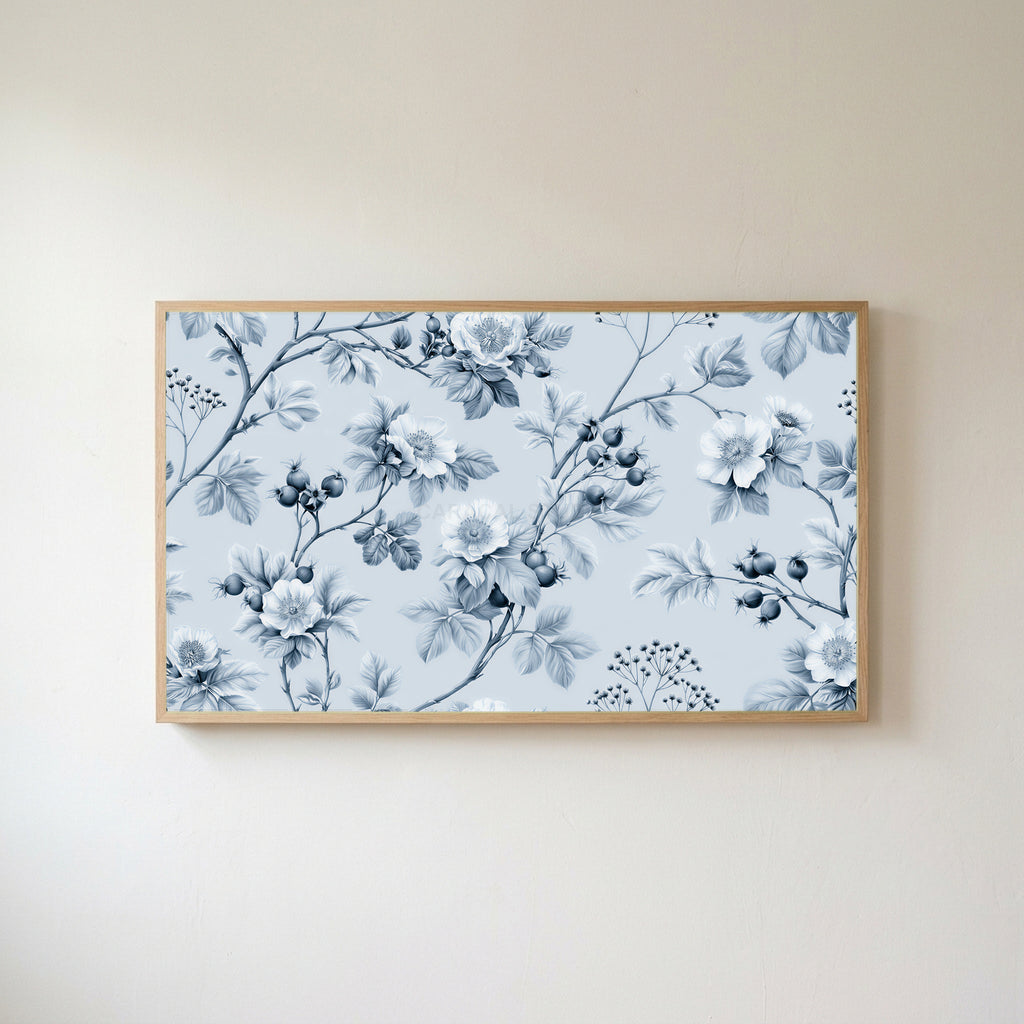 Toile wild roses Frame TV art in an oak frame on a warm white wall