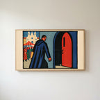 Woodcut monk Frame TV art in an oak frame on a warm white wall