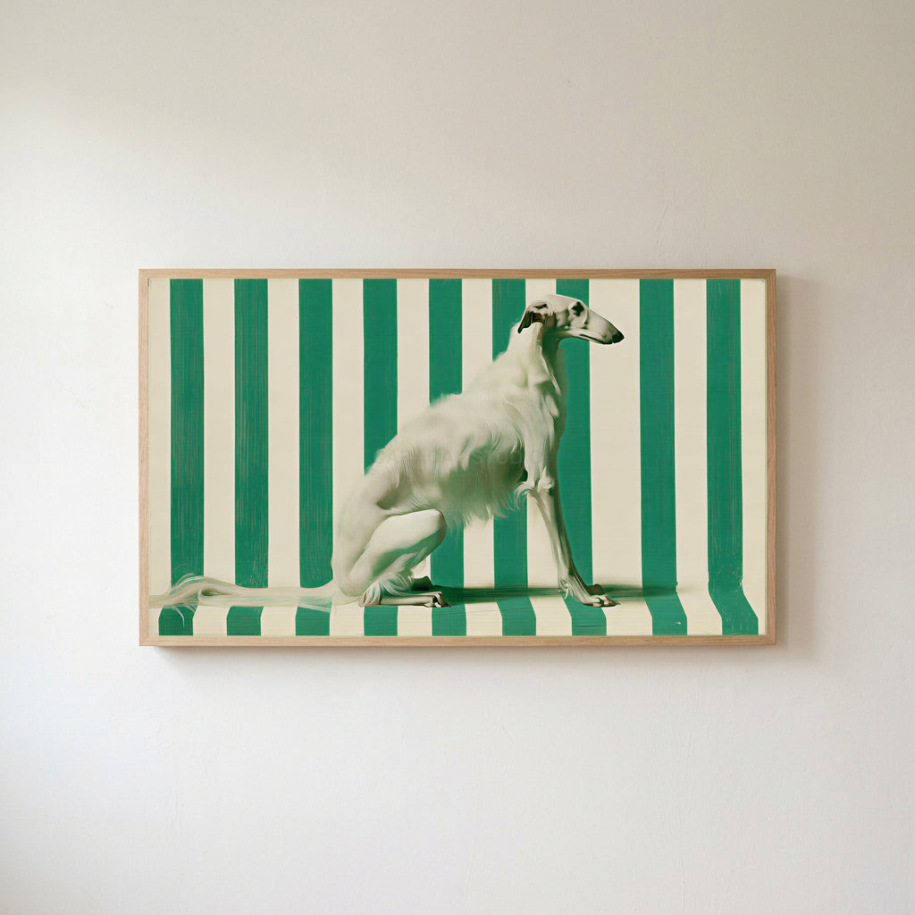 Borzoi Frame TV art in an oak frame on a warm white wall