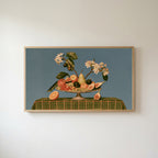 Fruit still life Frame TV art in an oak frame on a warm white wall