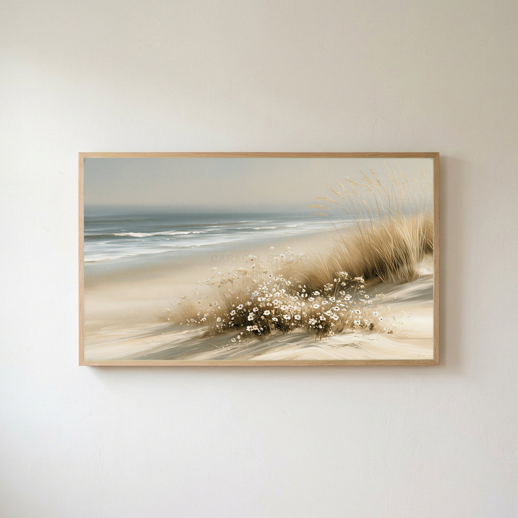 Dune grass and daisies Frame TV art in an oak frame on a warm white wall