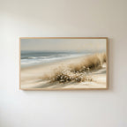 Dune grass and daisies Frame TV art in an oak frame on a warm white wall