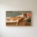 Cat in a bathtub Frame TV art in an oak frame on a warm white wall