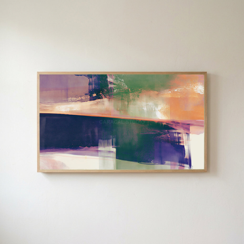 Abstract brushstroke Frame TV art in an oak frame on a warm white wall